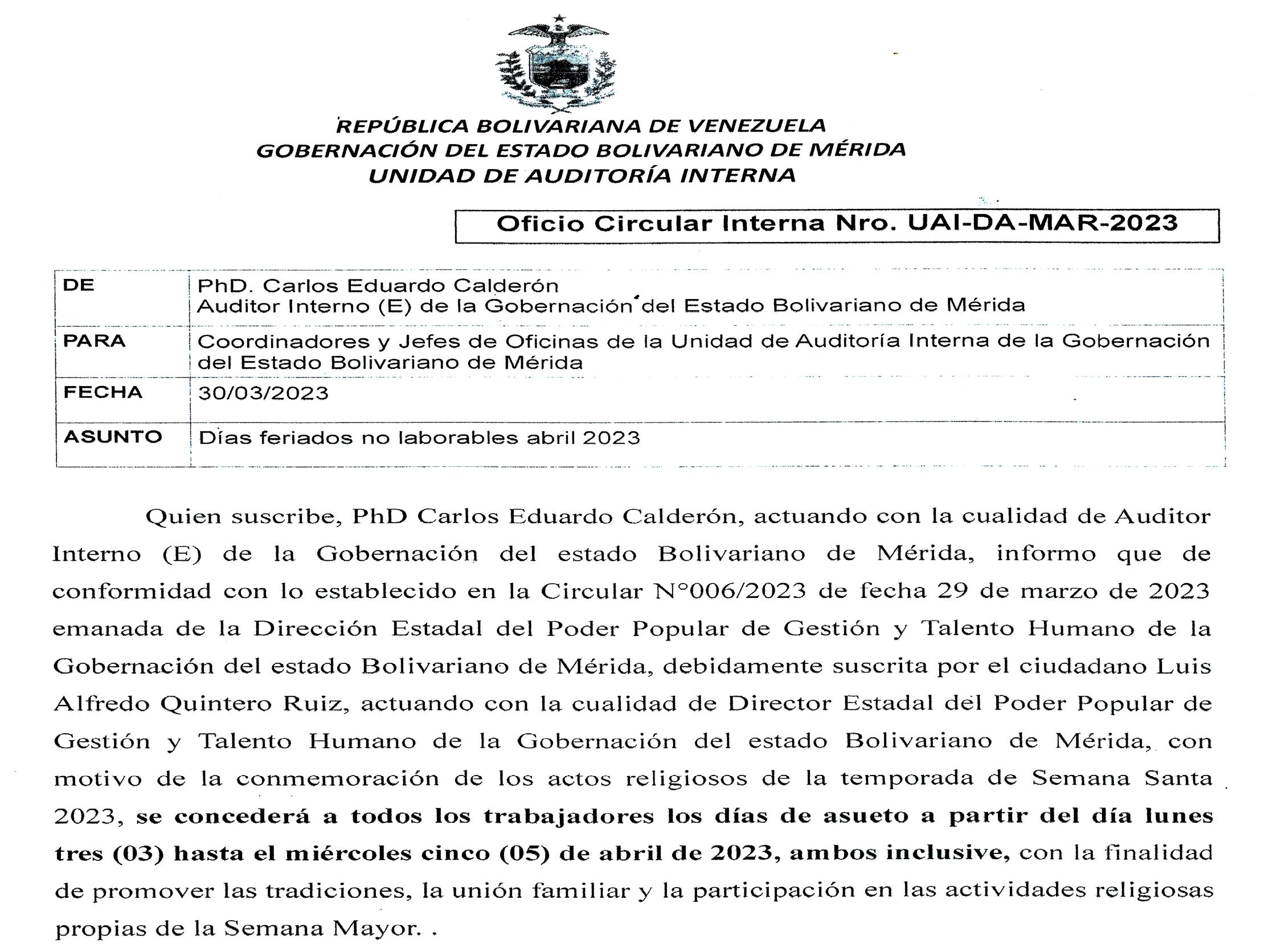 Imagen referencial a la publicacion de la CIRCULAR INT. Nro.UAI-DA-MAR-2023 de fecha 30 de Marzo de 2023